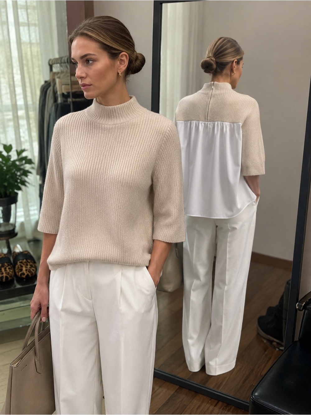 Design History 100% Cashmere Layered Sweater Size S Oatmeal Blush White Twofer